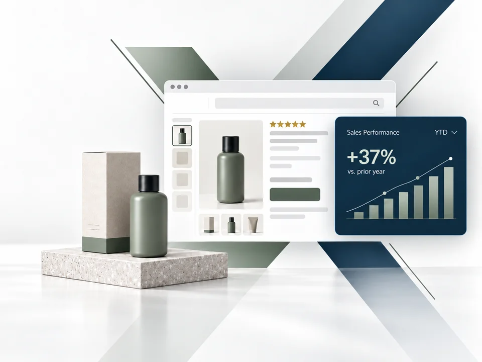 Illustrative marketplace scene with unbranded products and a stylized performance panel.