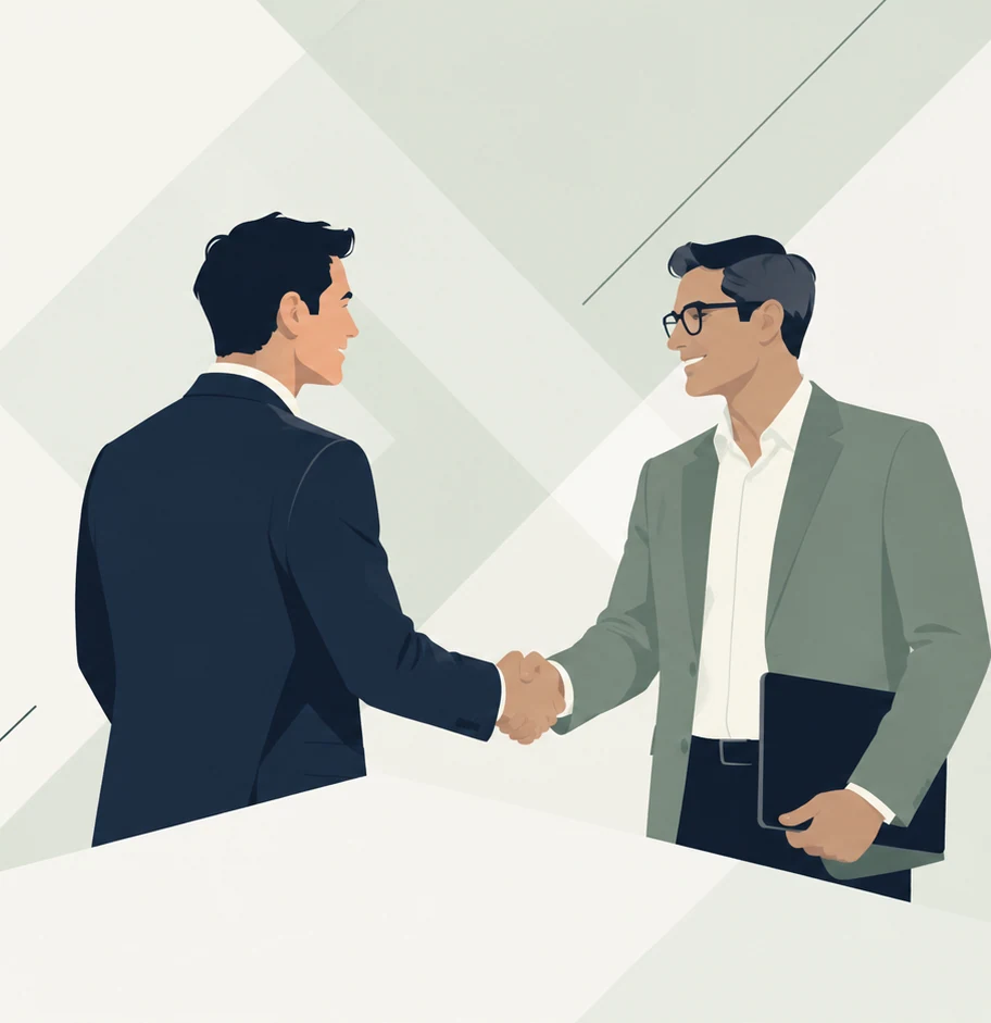 Illustration of two people shaking hands amid sage and navy geometry