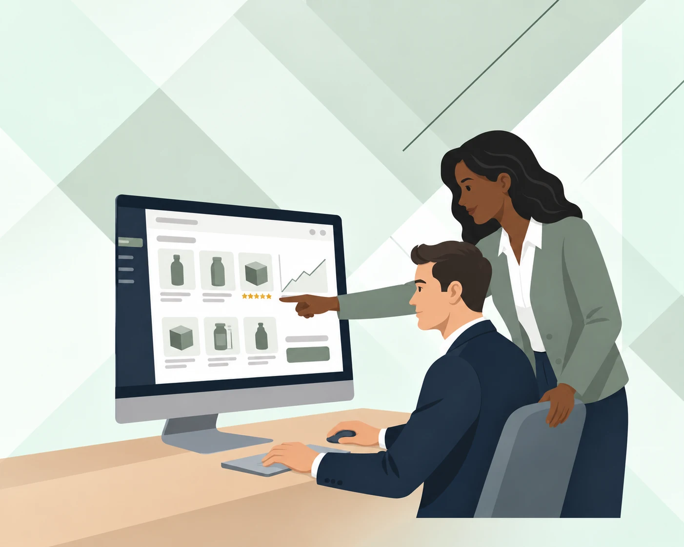 Illustration of two people reviewing product listings on a computer